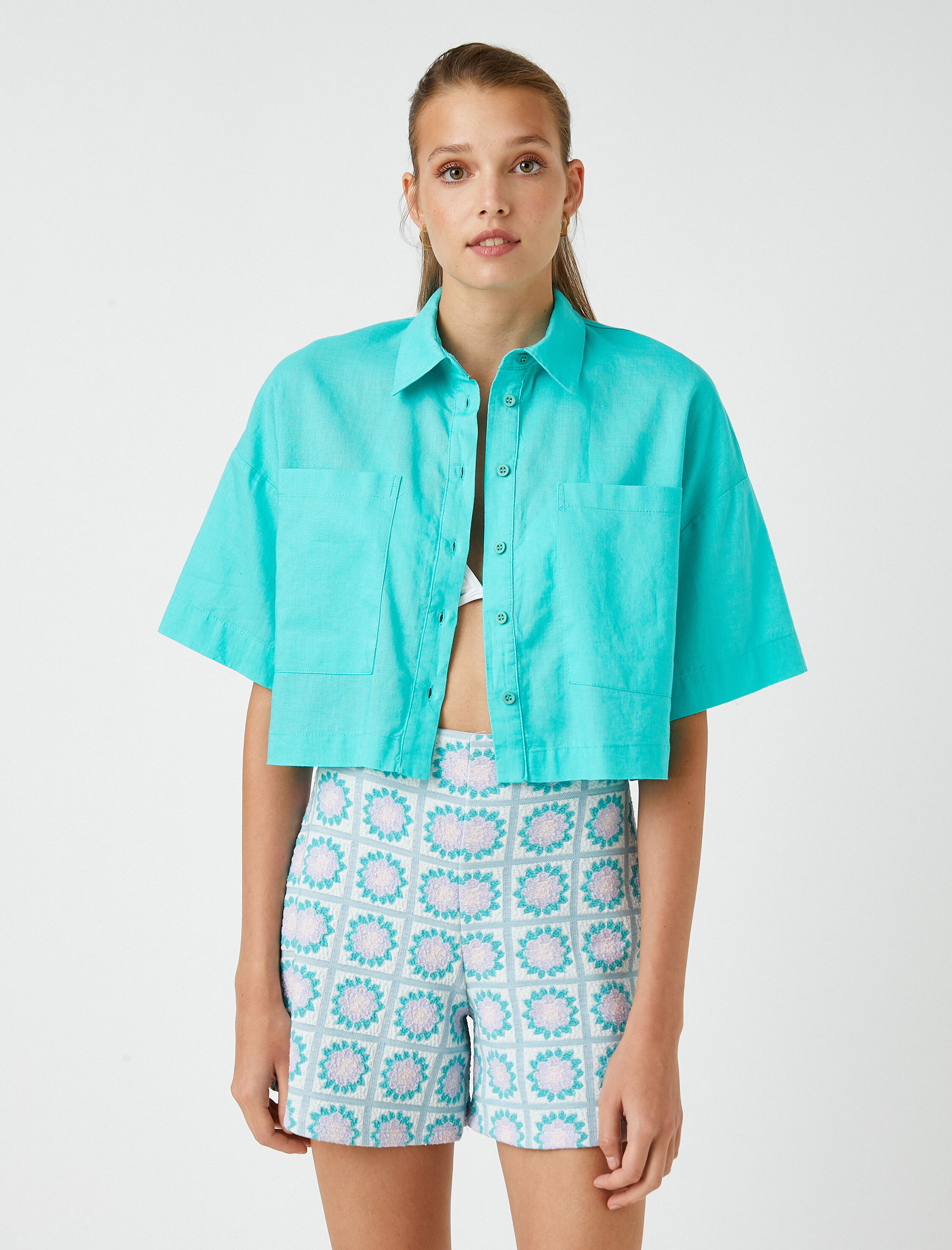   Oversize Crop Gömlek Keten Karışımlı