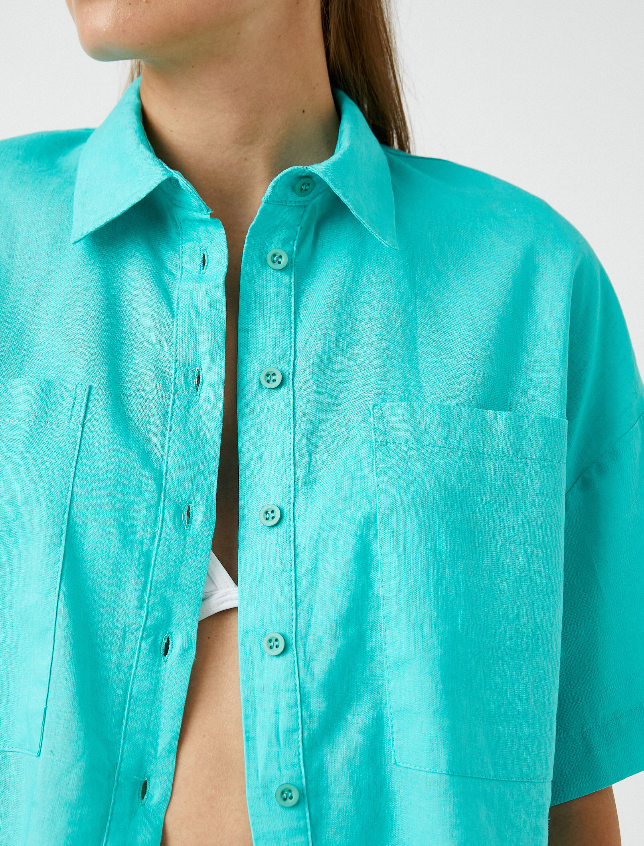   Oversize Crop Gömlek Keten Karışımlı