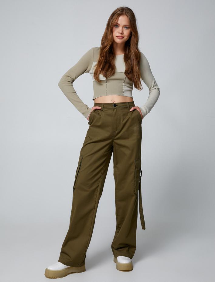  Uzun Kollu Tişört Crop Renk Bloklu