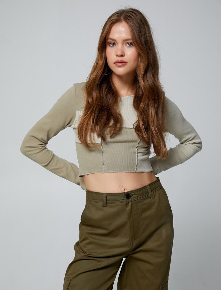  Uzun Kollu Tişört Crop Renk Bloklu