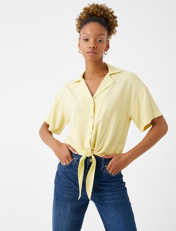  Crop Gömlek Oversize Bağlama Detaylı Kısa Kollu