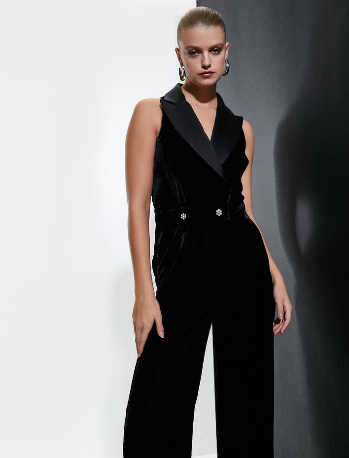  Kadife Abiye Tulum Ceket Yaka Kolsuz Bol Paça