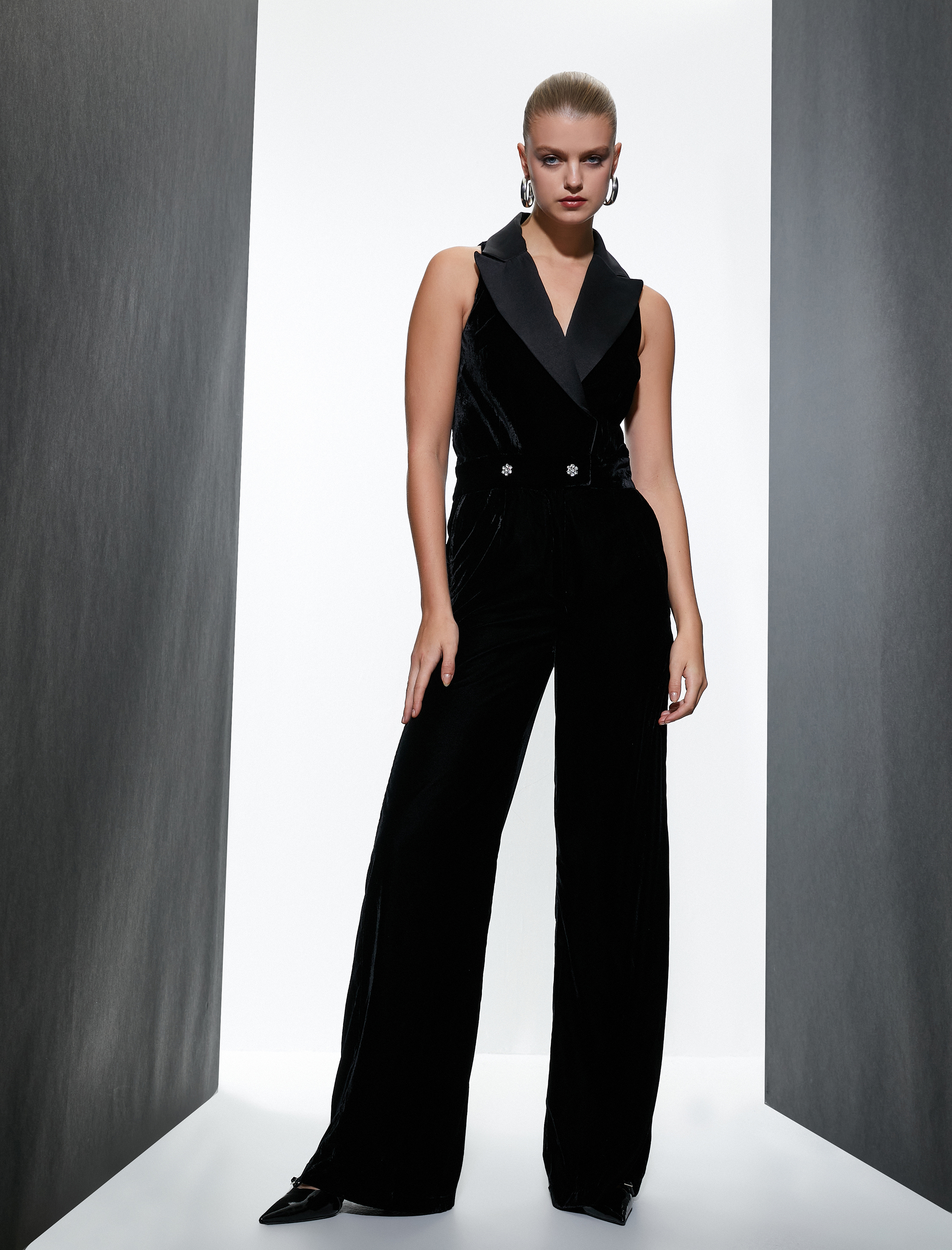 Kadife Abiye Tulum Ceket Yaka Kolsuz Bol Paça