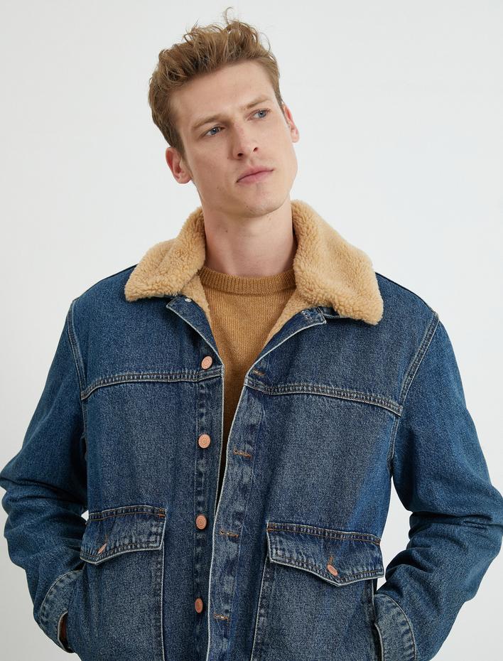  Kot Ceket Yaka Detaylı İçi Peluşlu Cepli Düğmeli