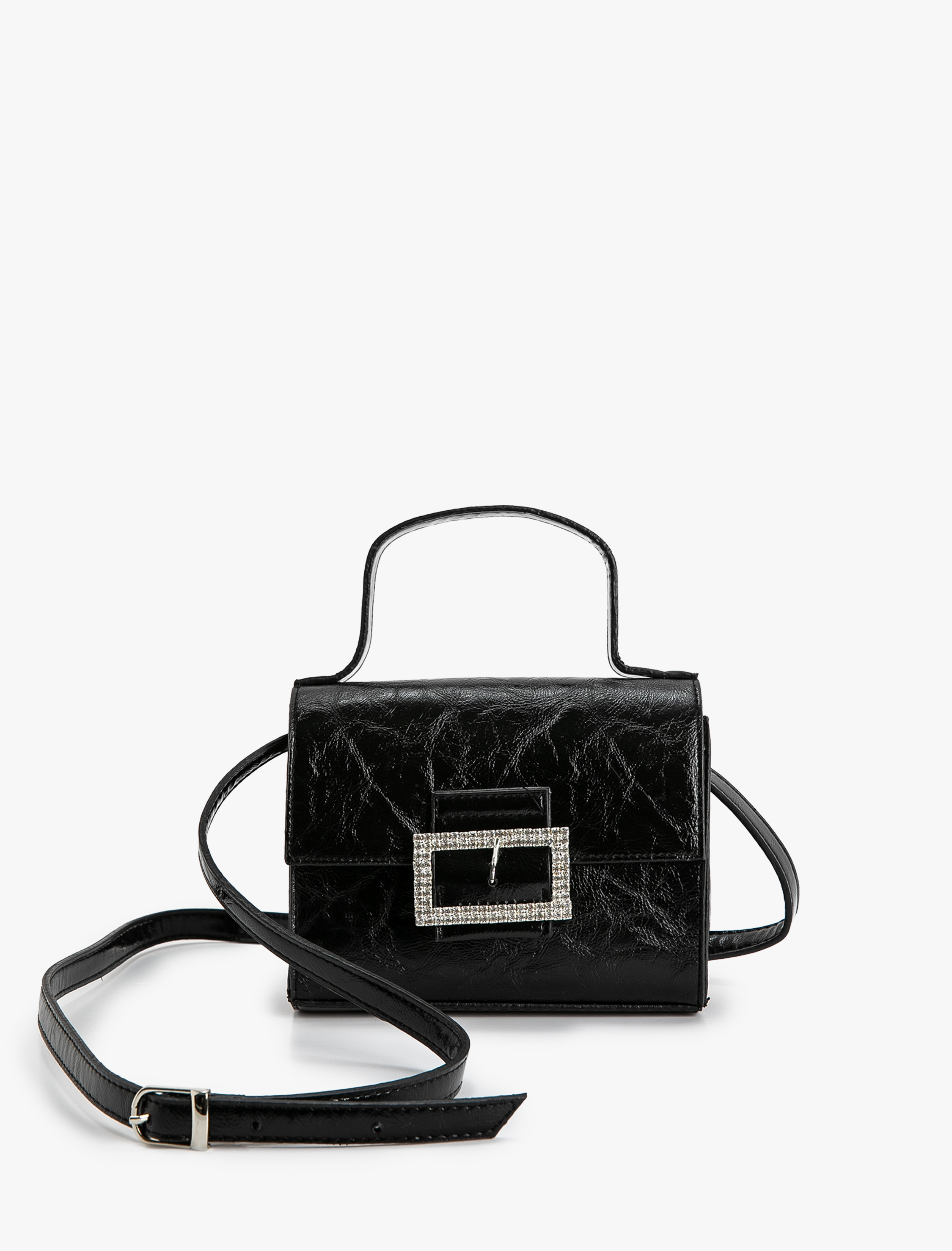  Kadın Mini Omuz Çantası Taşlı Toka Detaylı Suni Deri İnce Askılı