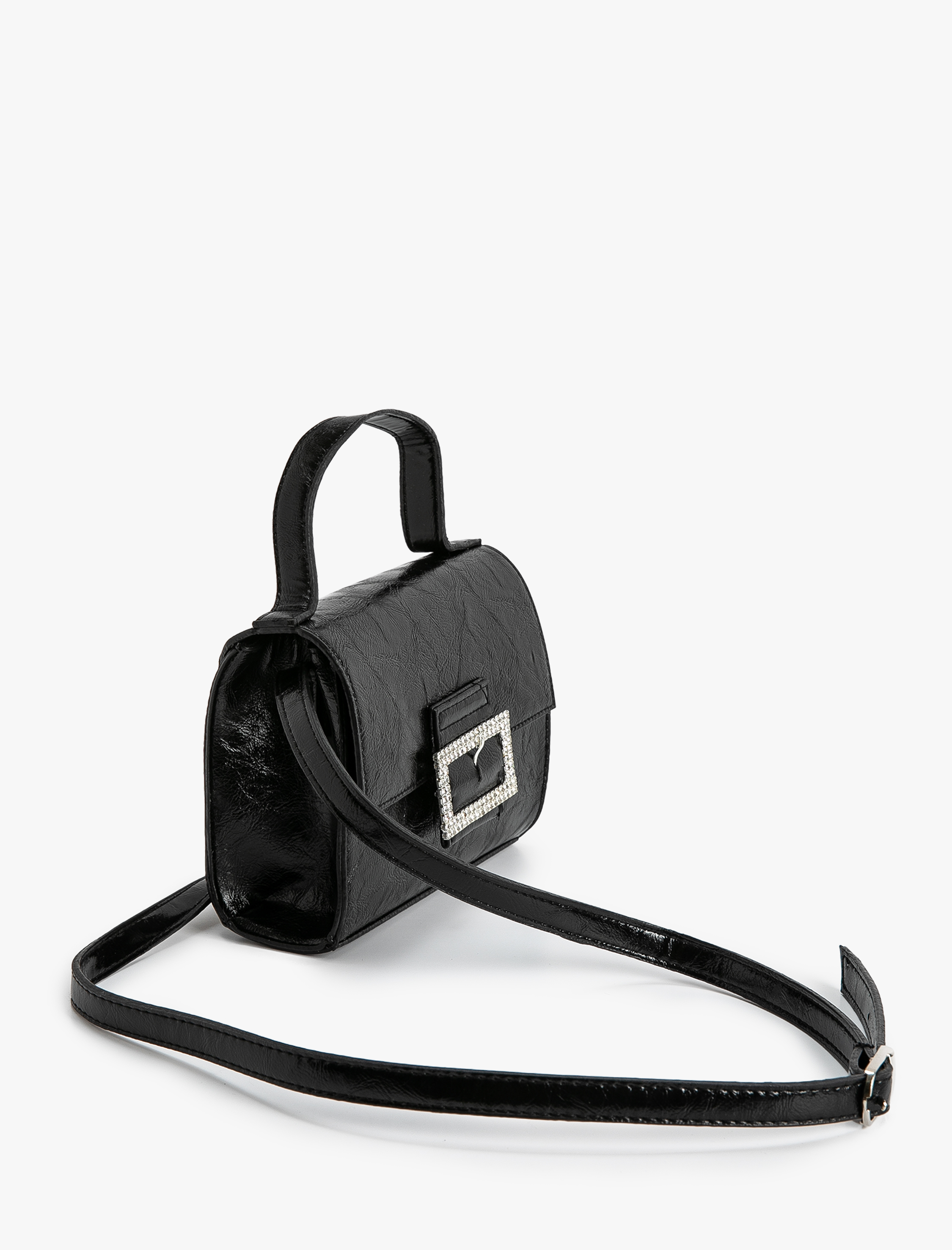  Kadın Mini Omuz Çantası Taşlı Toka Detaylı Suni Deri İnce Askılı