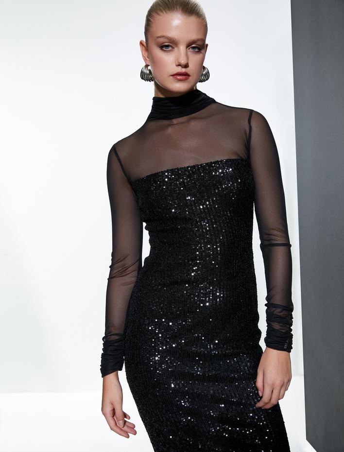  Uzun Kalem Elbise Pul Payet İşlemeli Tül Detaylı Uzun Kollu Dik Yaka