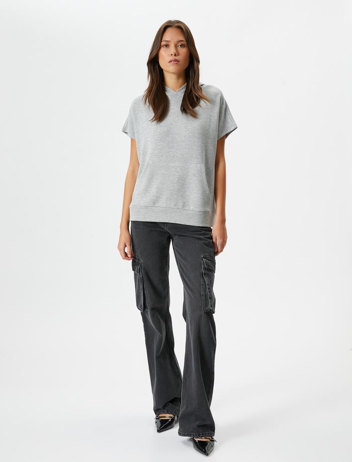  Kapşonlu Sweatshirt Kısa Kollu Kanguru Cepli Viskoz