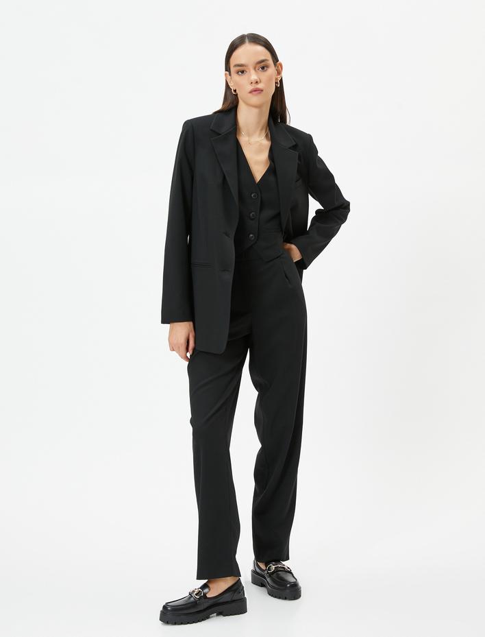  Vatkalı Blazer Ceket Tek Düğmeli Cep Detaylı