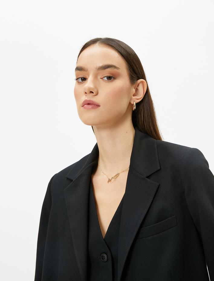  Vatkalı Blazer Ceket Tek Düğmeli Cep Detaylı