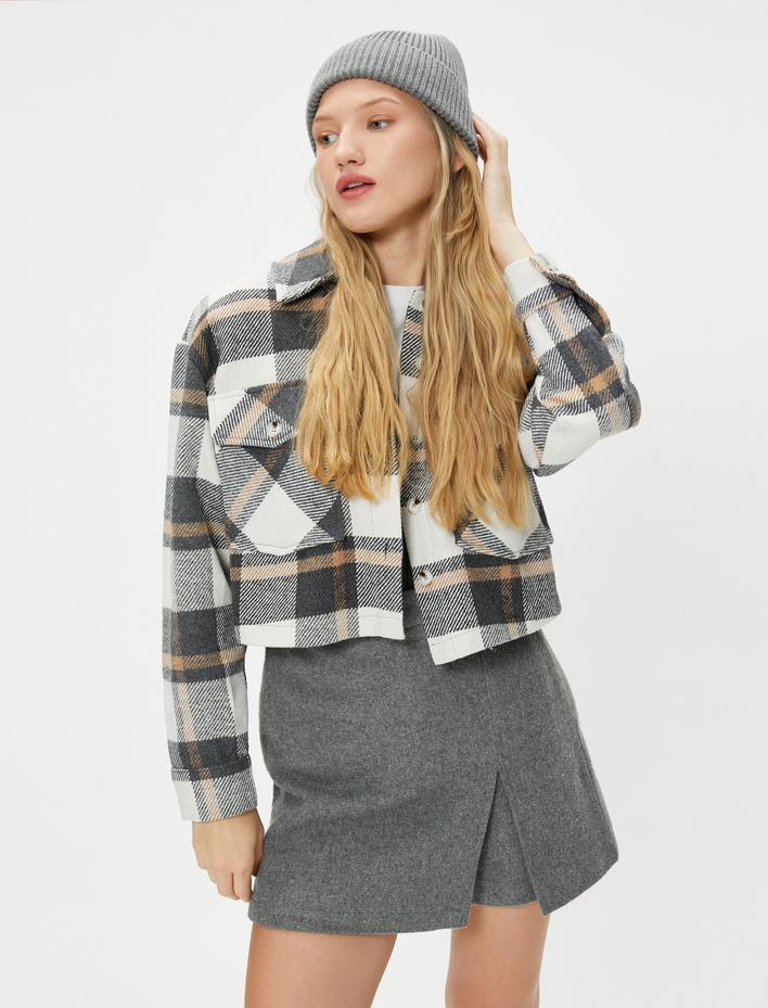  Crop Ekoseli Oduncu Gömlek Ceket Uzun Kollu Cepli