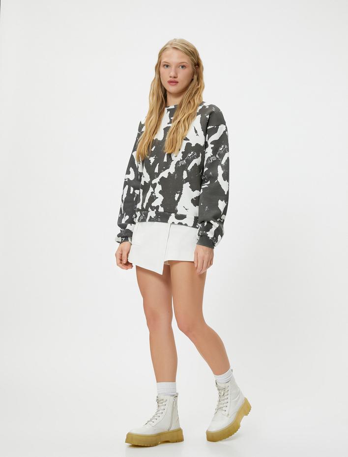  Şardonlu Oversize Sweatshirt Renk Kontrastlı Batik Desenli Uzun Kollu Bisiklet Yaka