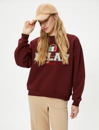 Şardonlu Italy Sweatshirt Aplike Detaylı Uzun Kollu Bisiklet Yaka Pamuklu