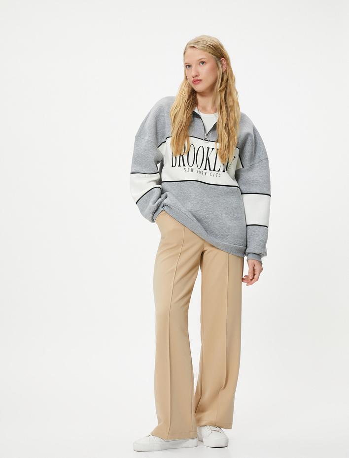  Şardonlu Kolej Oversize Yarım Fermuarlı Sweatshirt Dik Yaka Renk Kontrastlı