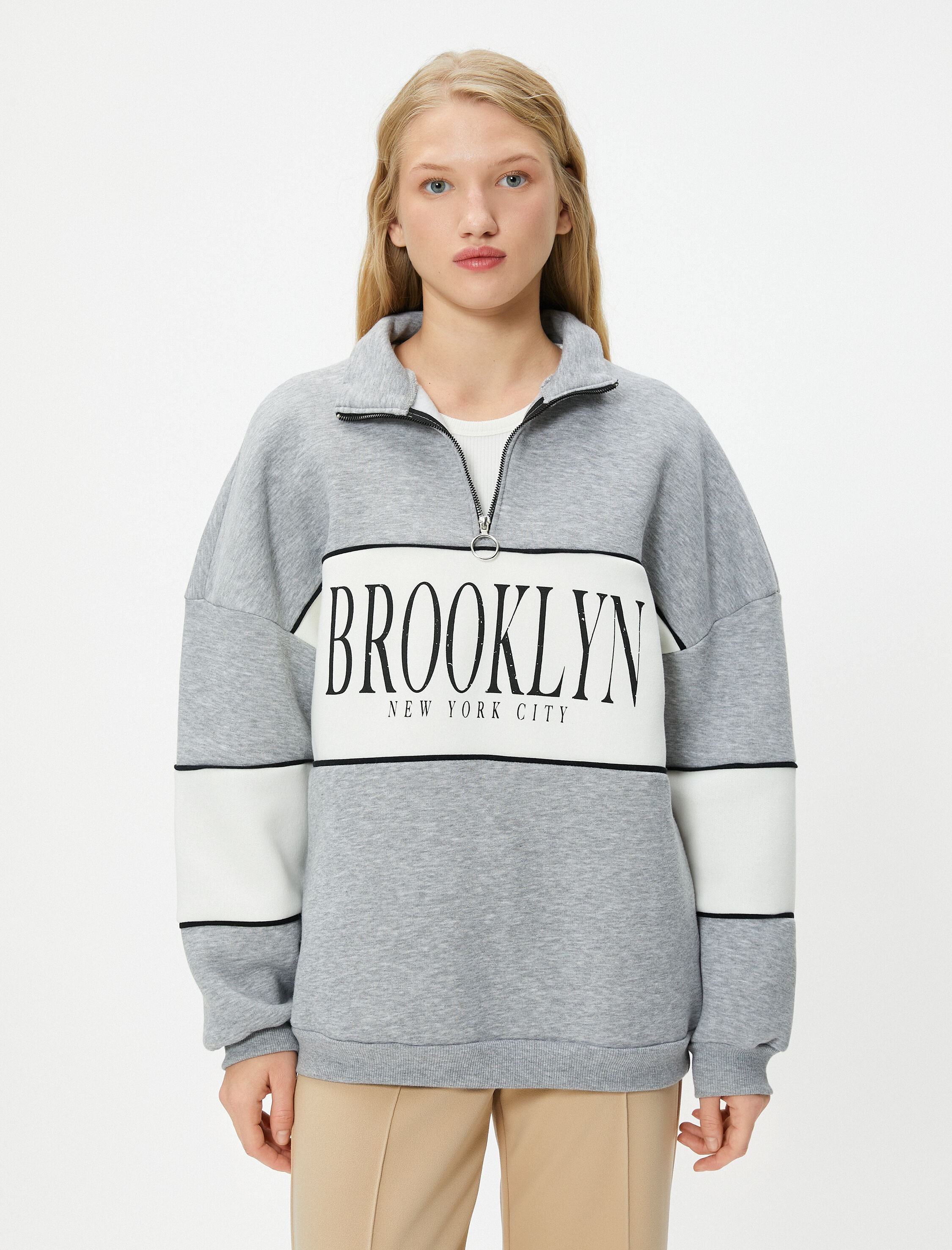   Şardonlu Kolej Oversize Yarım Fermuarlı Sweatshirt Dik Yaka Renk Kontrastlı