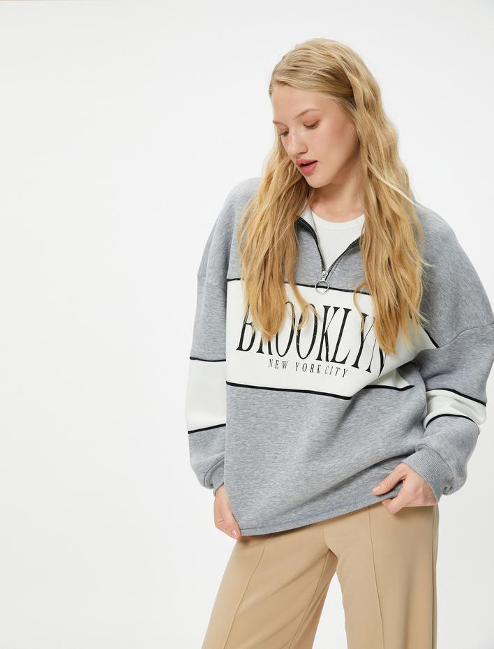  Şardonlu Kolej Oversize Yarım Fermuarlı Sweatshirt Dik Yaka Renk Kontrastlı