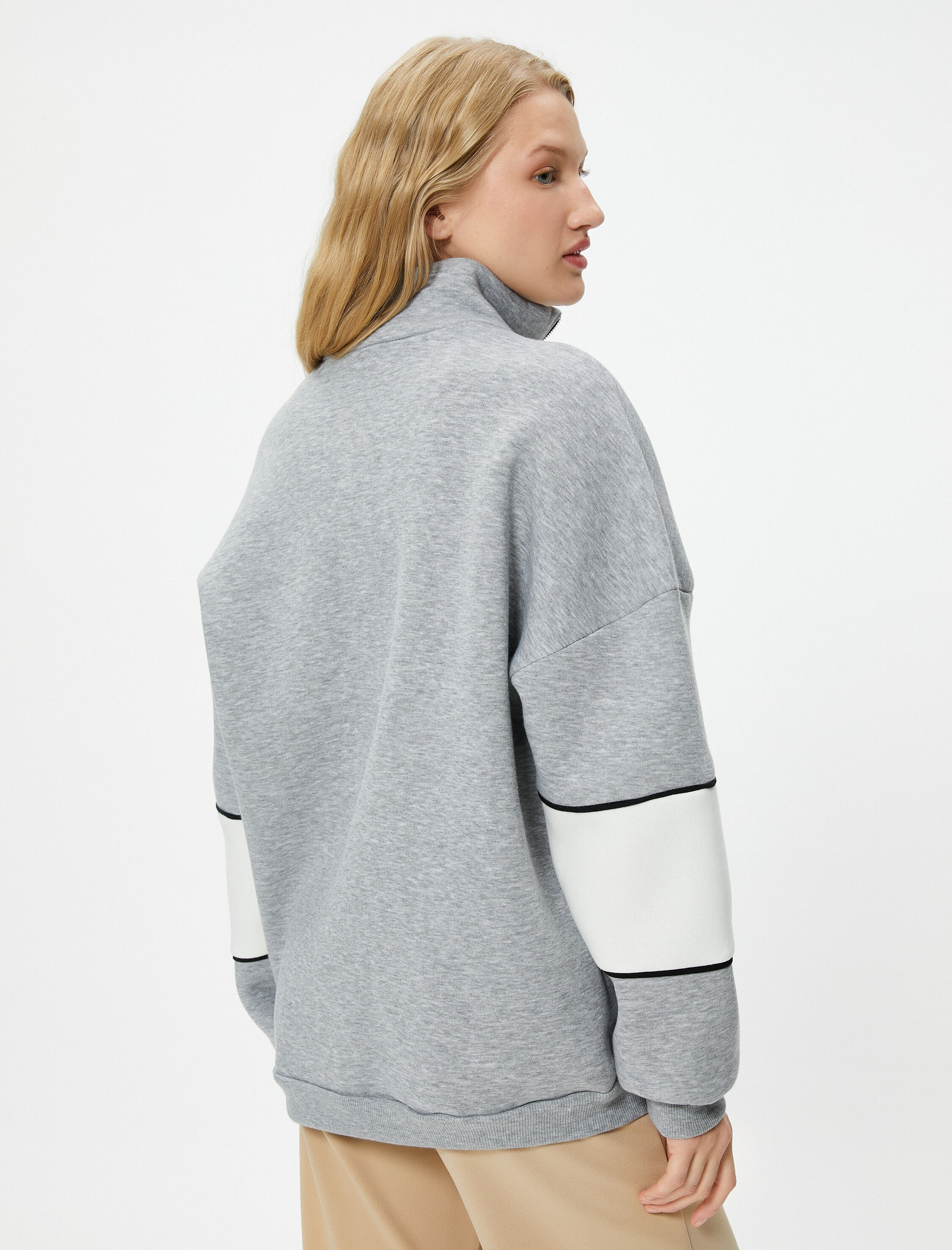   Şardonlu Kolej Oversize Yarım Fermuarlı Sweatshirt Dik Yaka Renk Kontrastlı