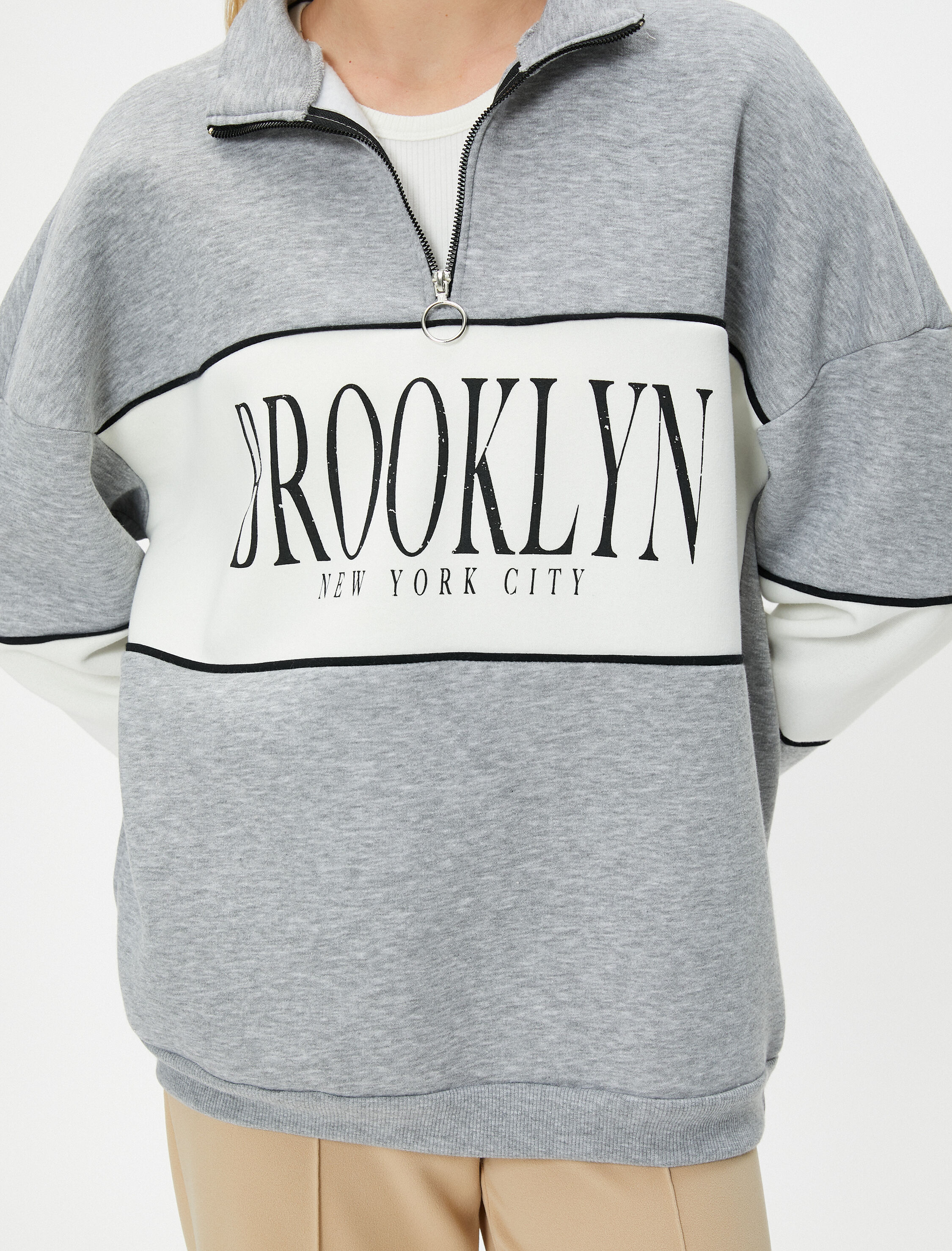   Şardonlu Kolej Oversize Yarım Fermuarlı Sweatshirt Dik Yaka Renk Kontrastlı