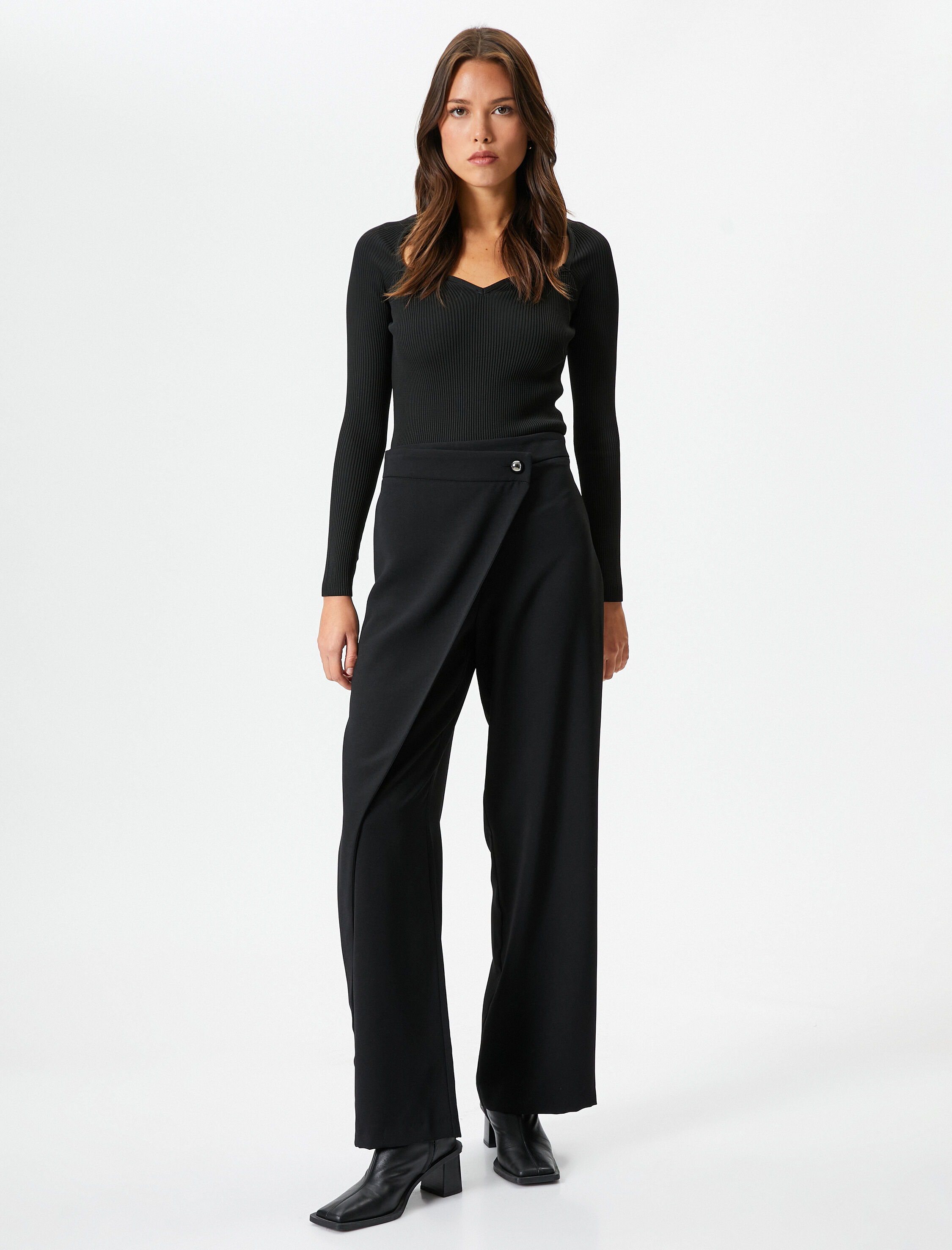   Bol Paça Pantolon Yüksek Bel Kapaklı Düğmeli