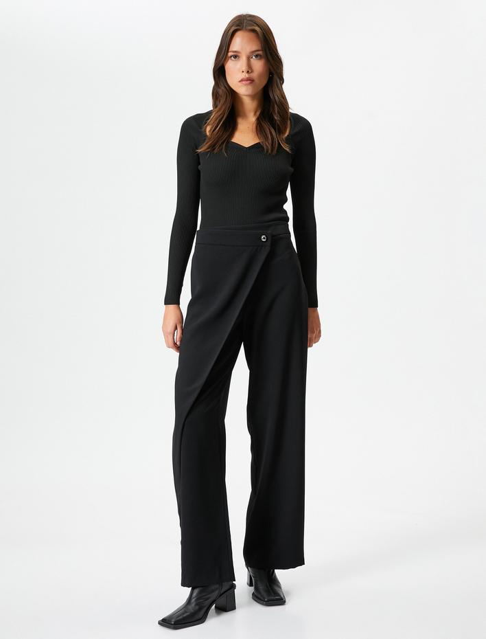  Bol Paça Pantolon Yüksek Bel Kapaklı Düğmeli