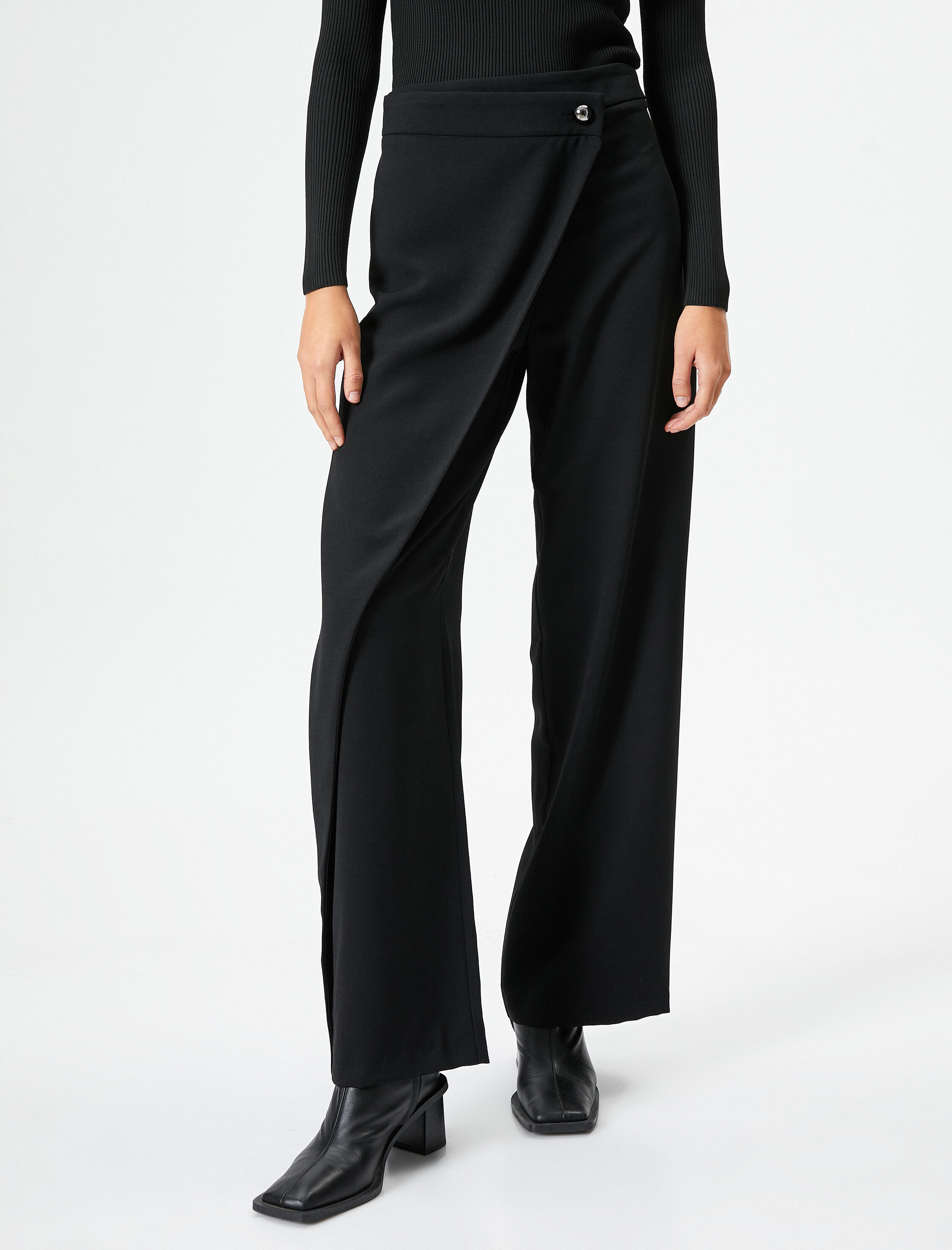   Bol Paça Pantolon Yüksek Bel Kapaklı Düğmeli