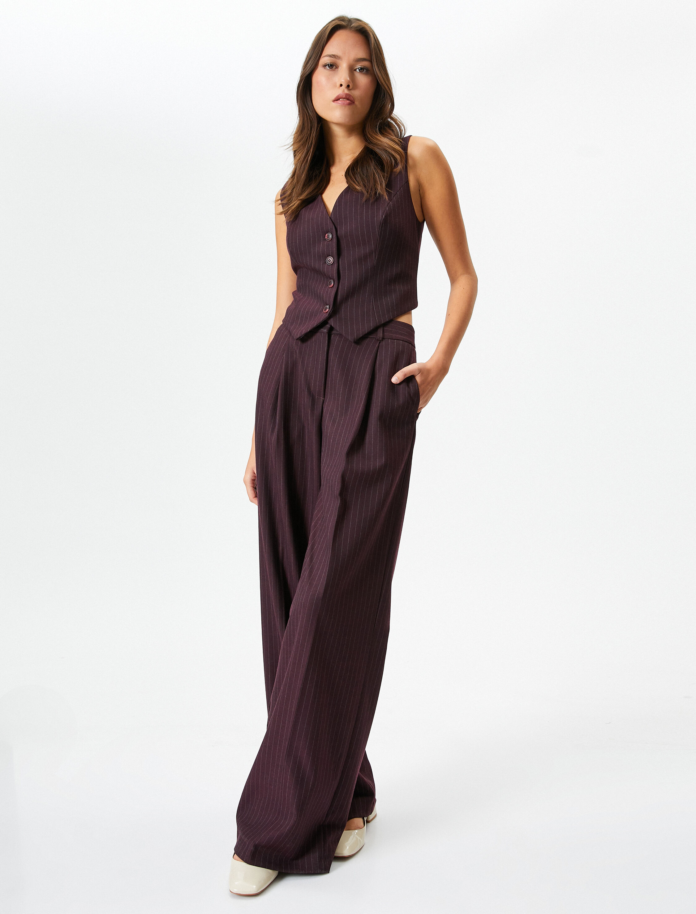   Palazzo Pantolon Yüksek Bel Pileli Düğmeli