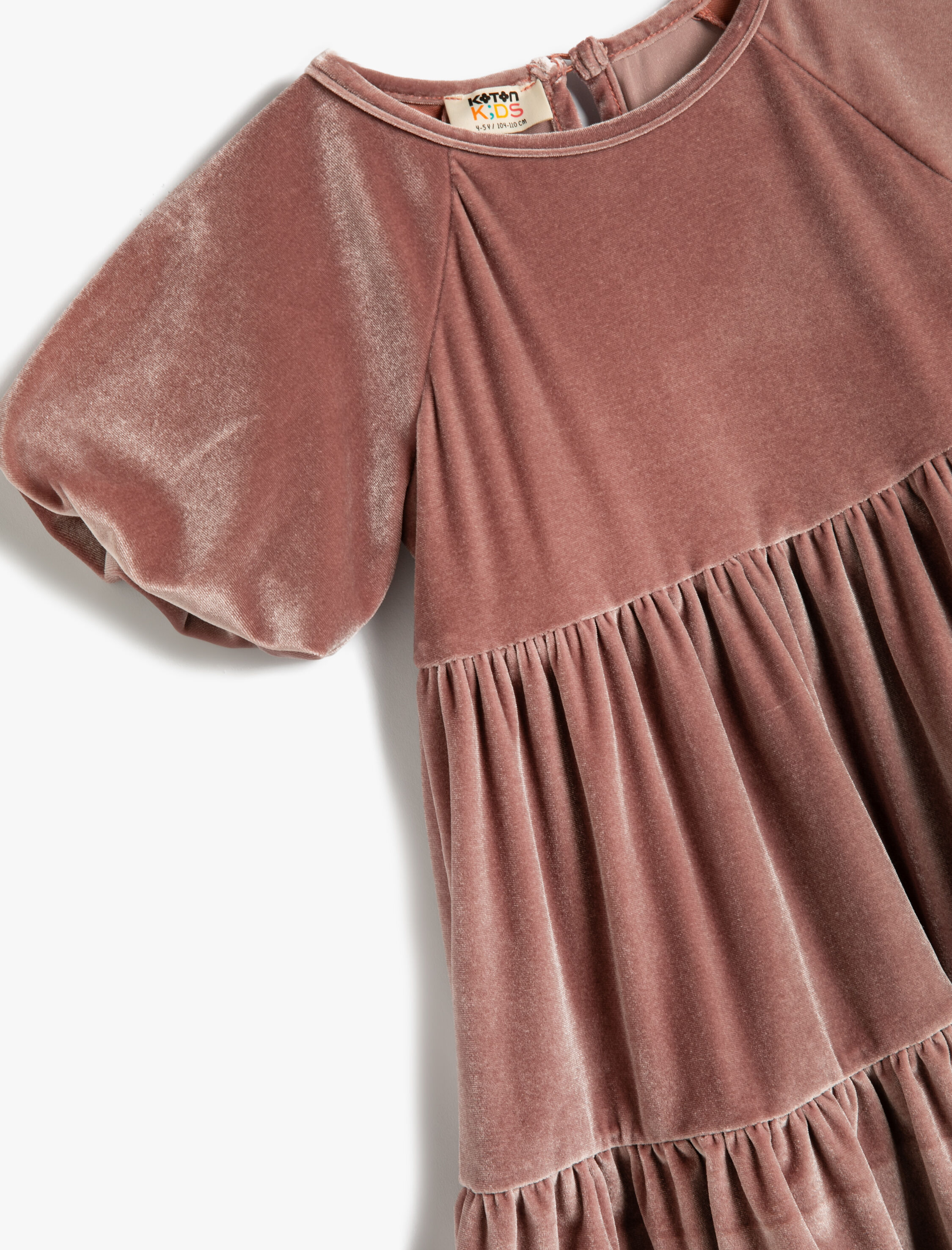  Kız Çocuk Kadife Elbise Balon Kollu Yuvarlak Yaka