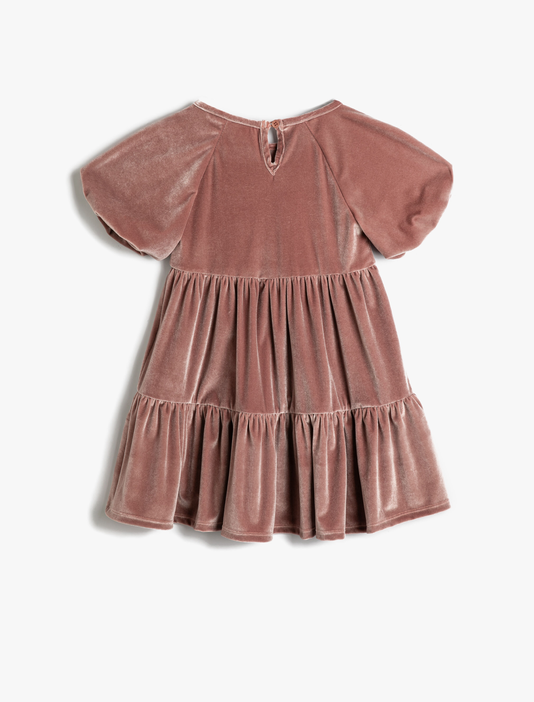  Kız Çocuk Kadife Elbise Balon Kollu Yuvarlak Yaka