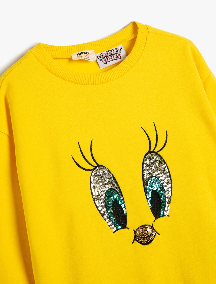 Kız Çocuk Tweety Sweat Lisanslı Pullu Payetli Uzun Kollu Bisiklet Yaka Şardonlu
