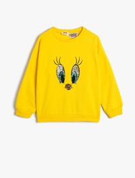Tweety Sweat Lisanslı Pullu Payetli Uzun Kollu Bisiklet Yaka Şardonlu