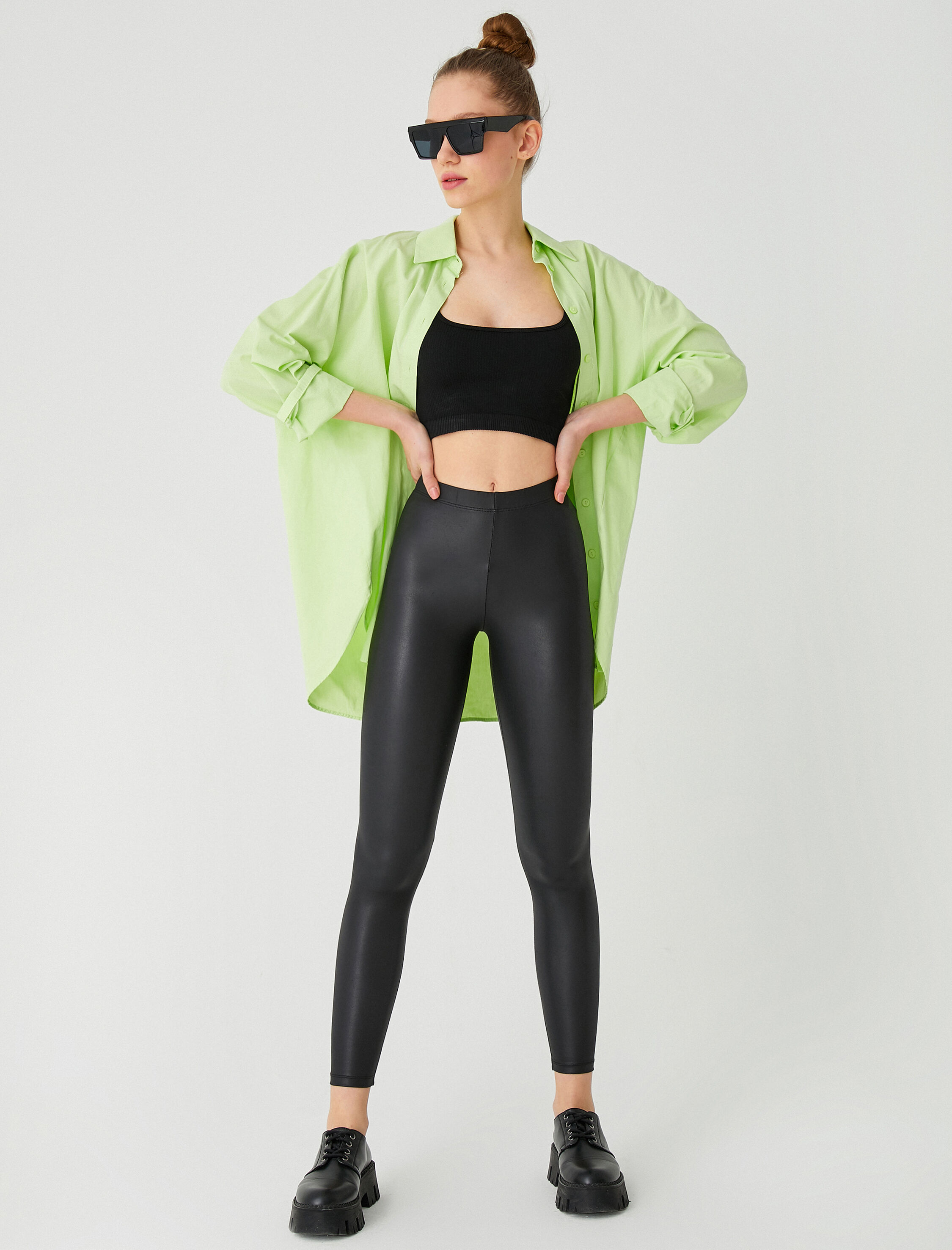   Deri Görünümlü Yüksek Bel Tayt