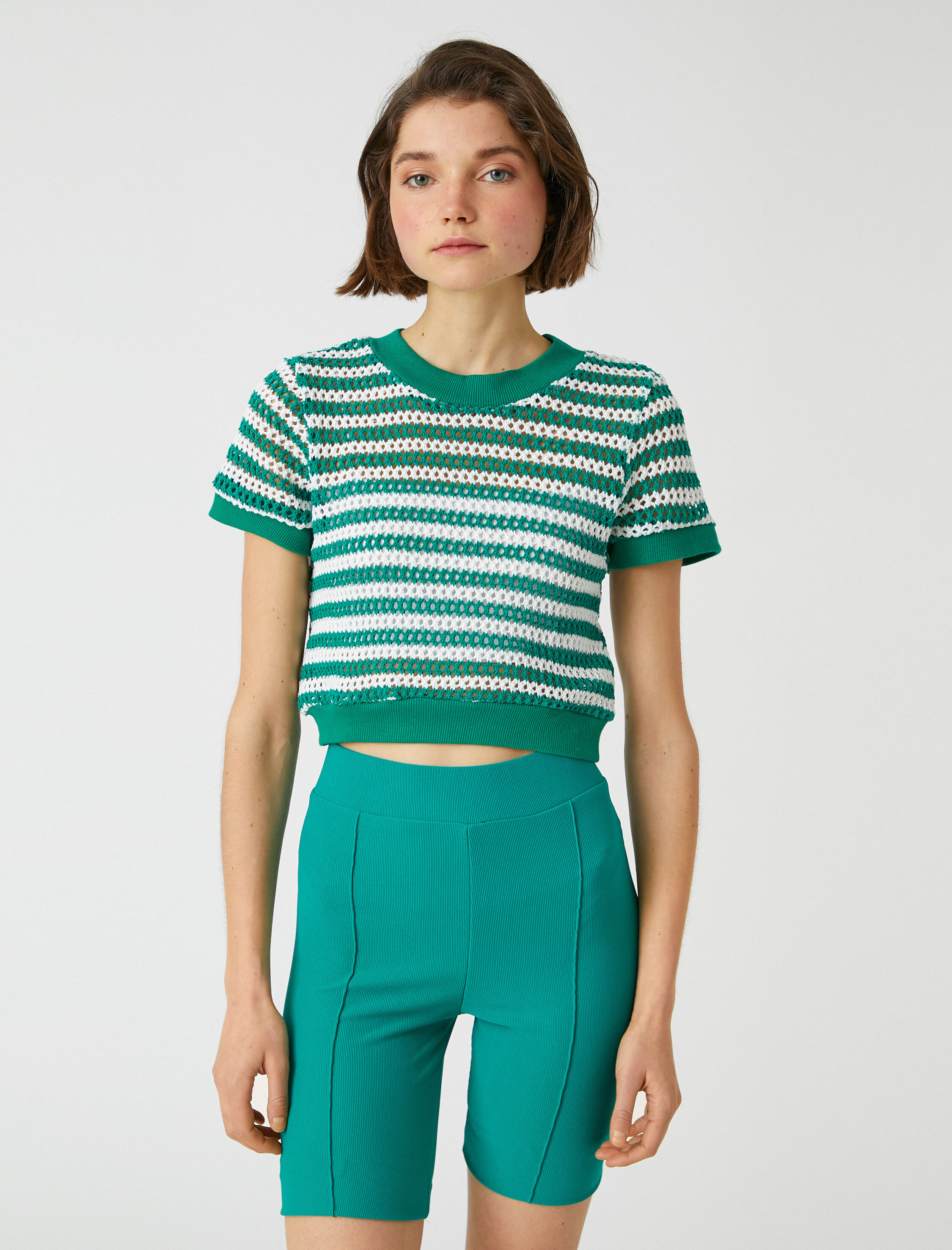   Crop Örgü Tişört Bisiklet Yaka