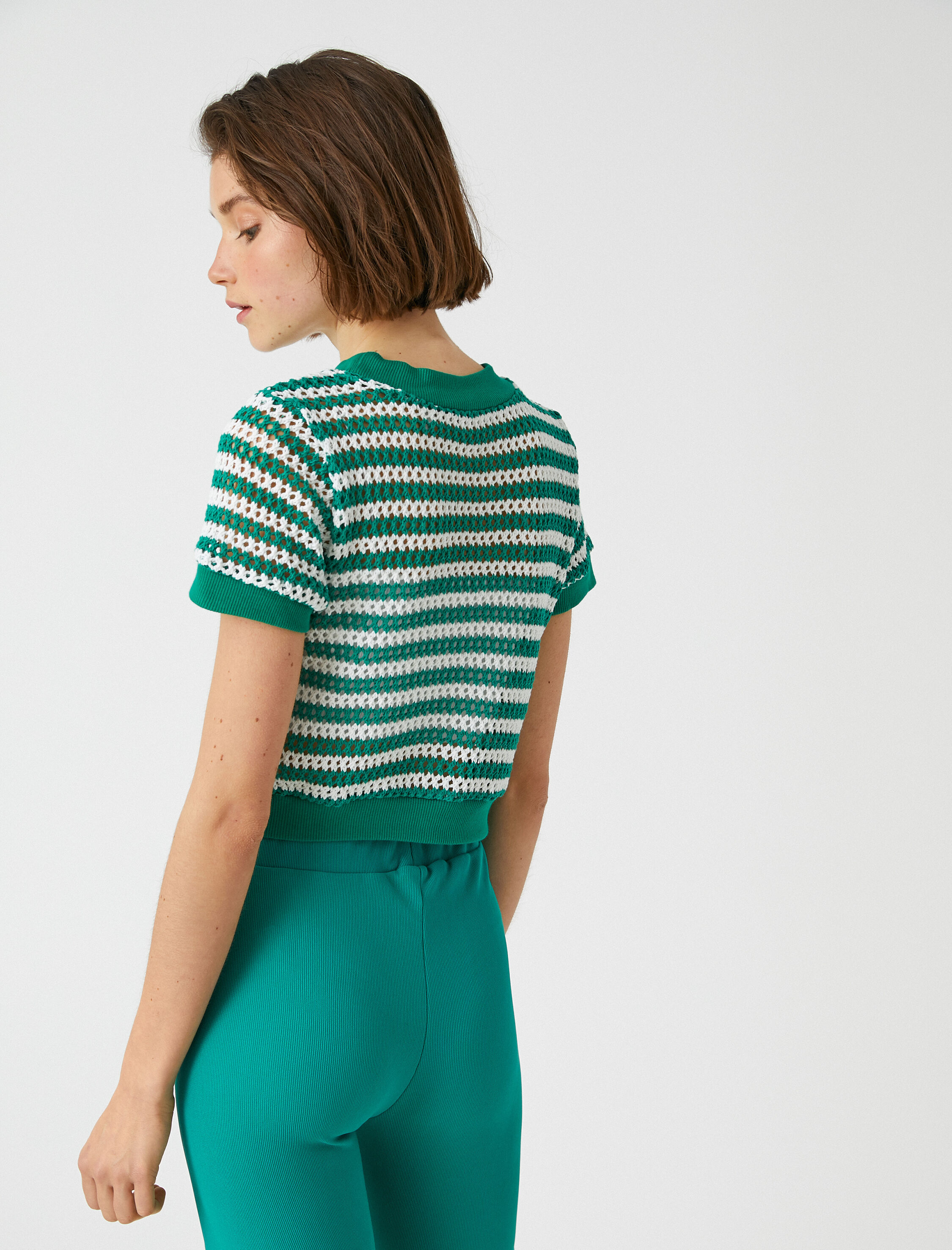   Crop Örgü Tişört Bisiklet Yaka