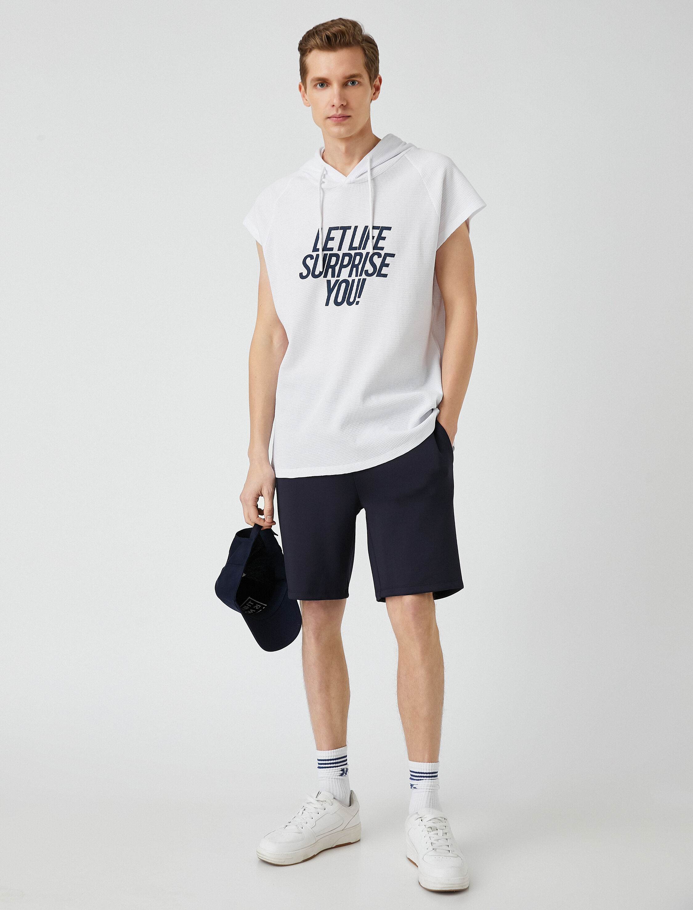   Oversize Kapşonlu Tişört Pamuklu Kolsuz Slogan Baskılı