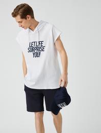 Oversize Kapşonlu Tişört Pamuklu Kolsuz Slogan Baskılı