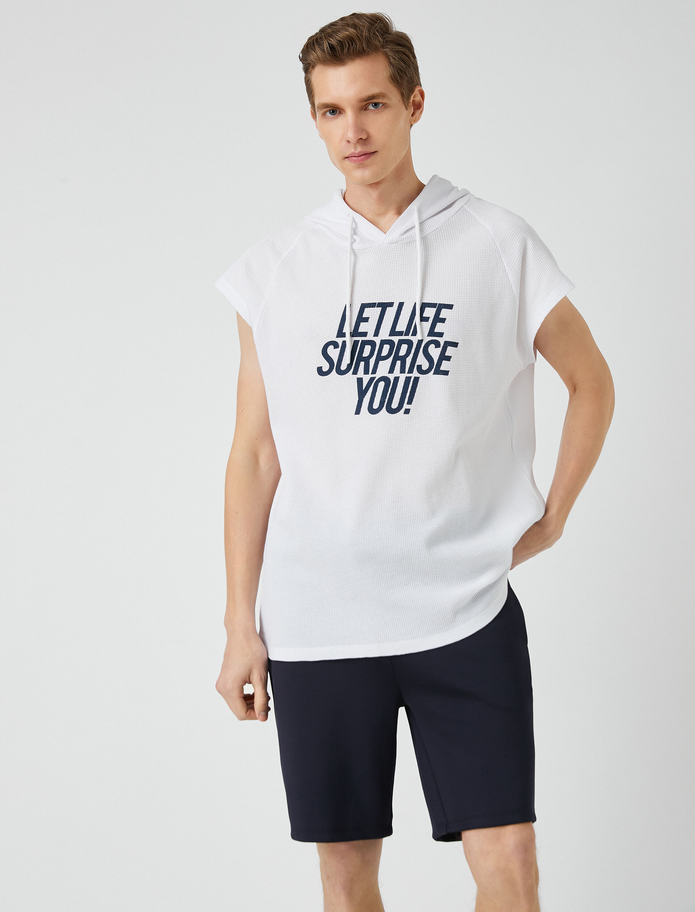   Oversize Kapşonlu Tişört Pamuklu Kolsuz Slogan Baskılı