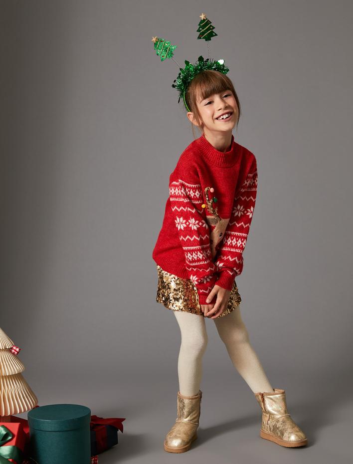 Kız Çocuk Yılbaşı Kazağı Geyik Desenli Bisiklet Yaka Pul-Payet Detaylı