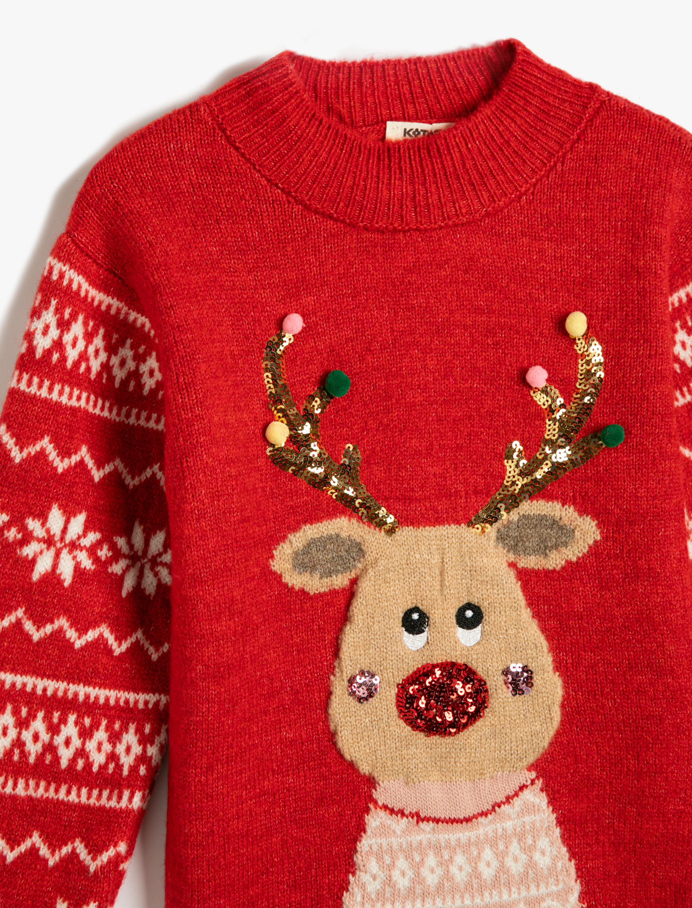  Kız Çocuk Yılbaşı Kazağı Geyik Desenli Bisiklet Yaka Pul-Payet Detaylı