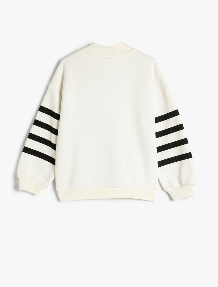 Kız Çocuk Sweatshirt Dik Yaka Uzun Kollu Yarım Fermuarlı Çizgi Detaylı Şardonlu