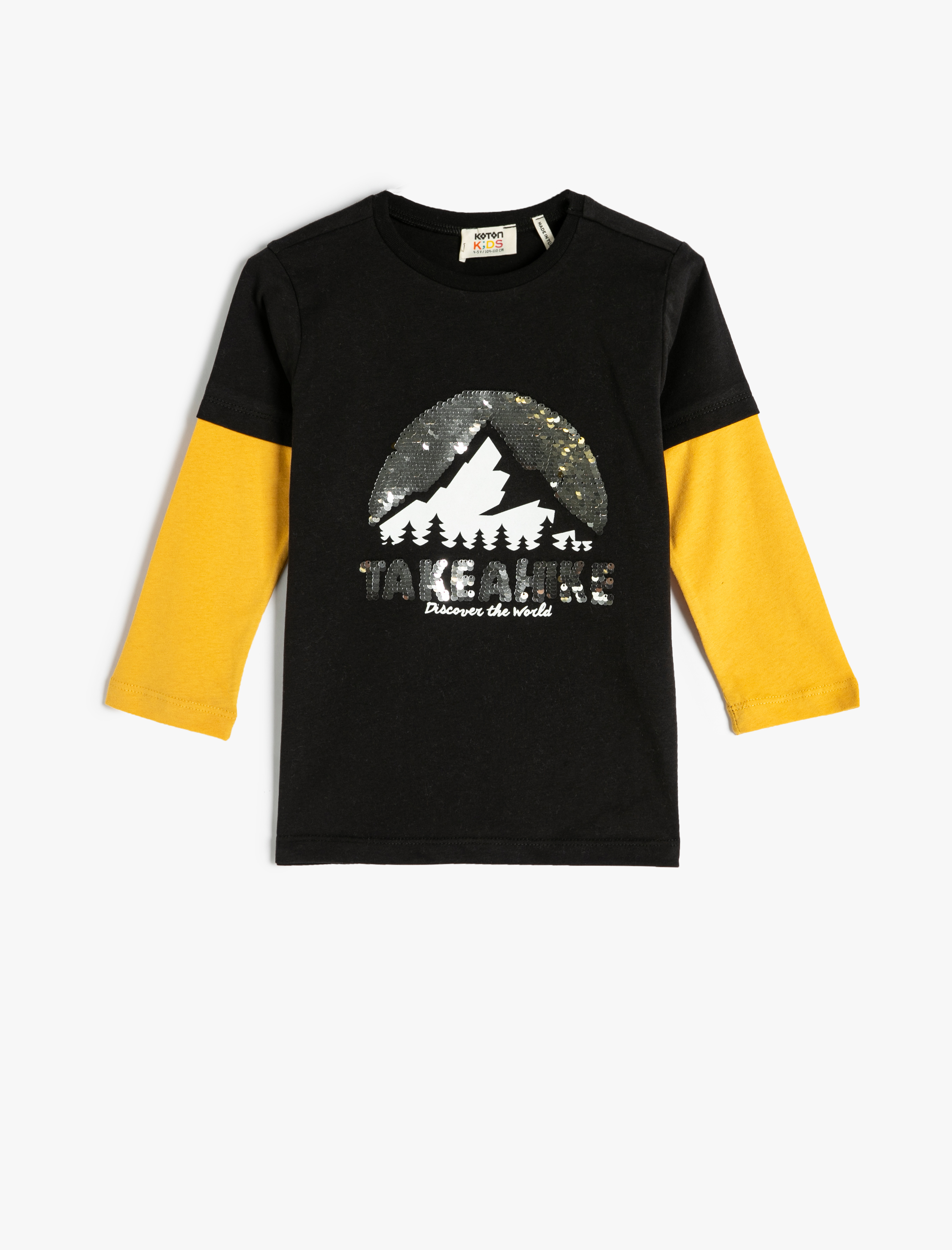  Erkek Çocuk Tişört Uzun Kollu Bisiklet Yaka Pullu Payetli Doğa Baskılı Pamuklu