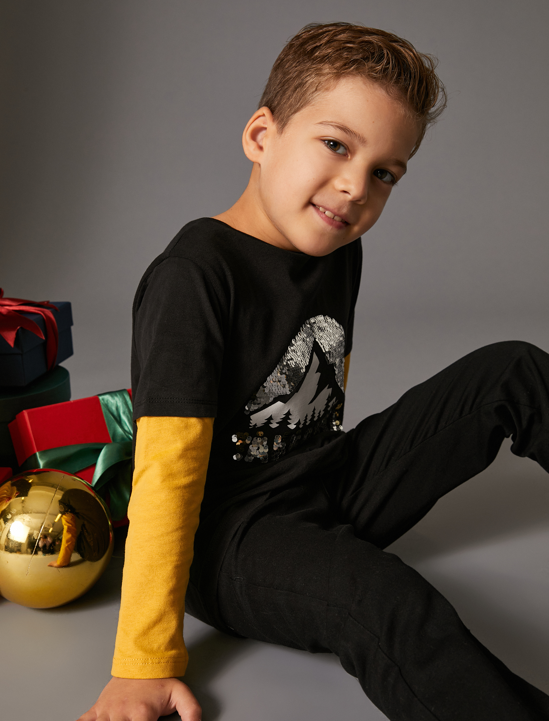  Erkek Çocuk Tişört Uzun Kollu Bisiklet Yaka Pullu Payetli Doğa Baskılı Pamuklu