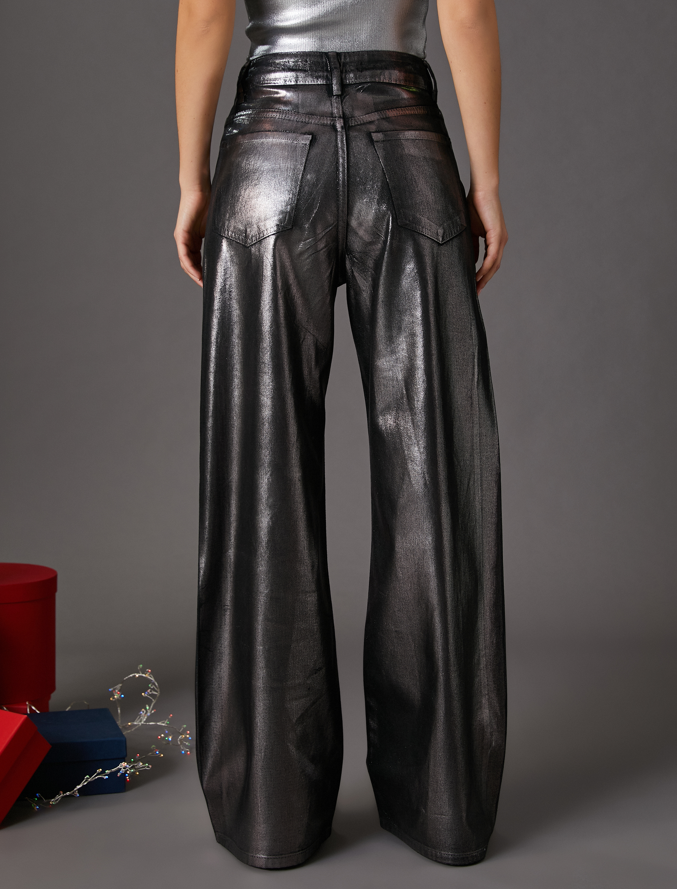   Ekstra Geniş Paça Gümüş Varaklı Kot Pantolon Yüksek Bel Cepli - Bianca Jean