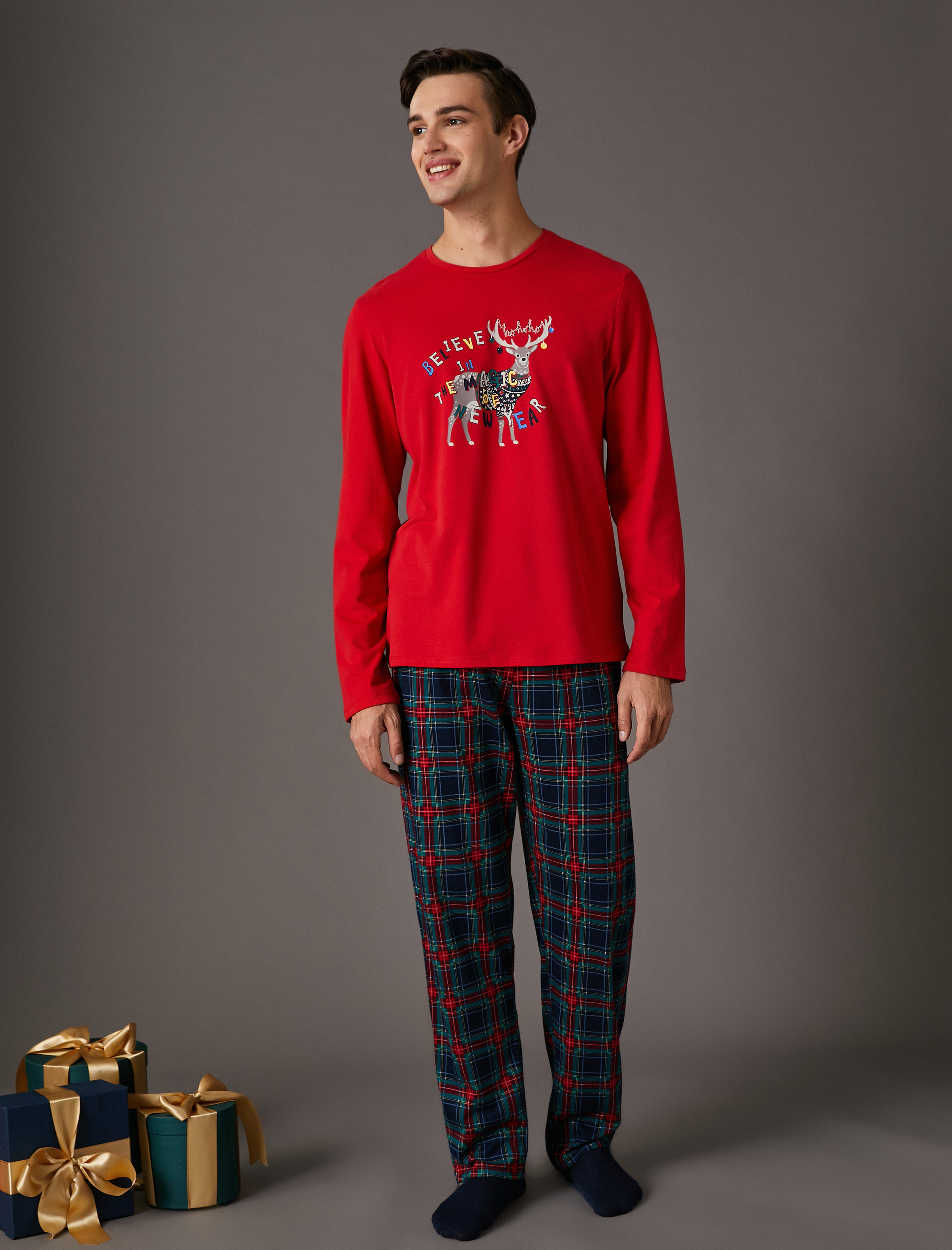   Uzun Kollu Pijama Takımı Yılbaşı Temalı Baskılı