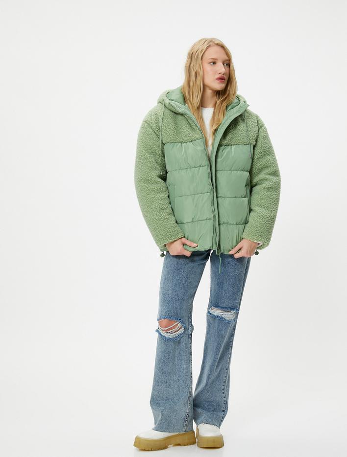  Şişme Mont Peluş Detaylı Kapşonlu Cepli