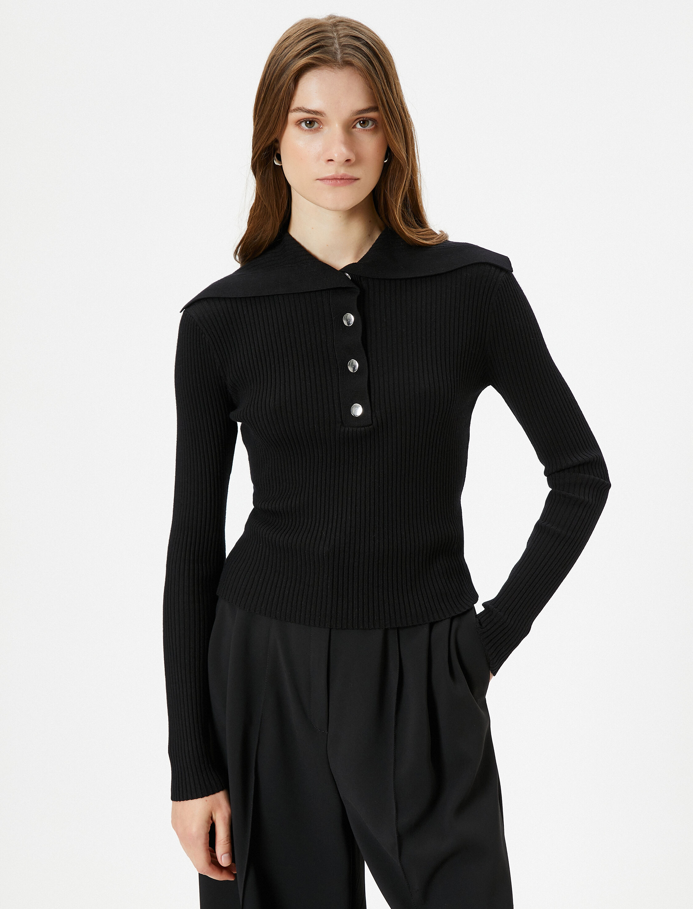   Triko Kazak Geniş Yaka Çıtçıt Düğmeli Fitilli