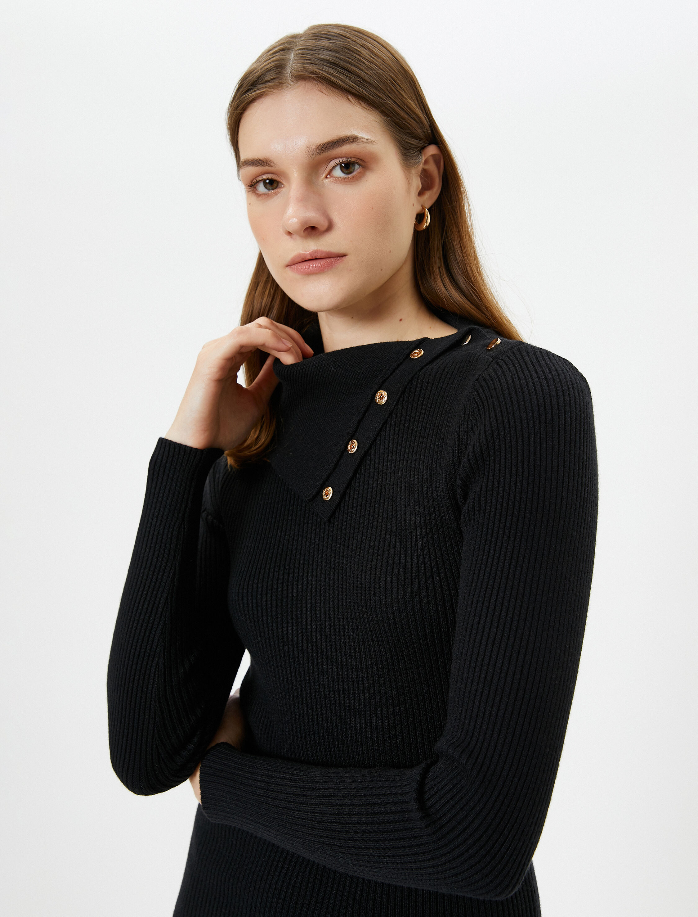   Midi Triko Elbise Fitilli Düğmeli Geniş Yaka