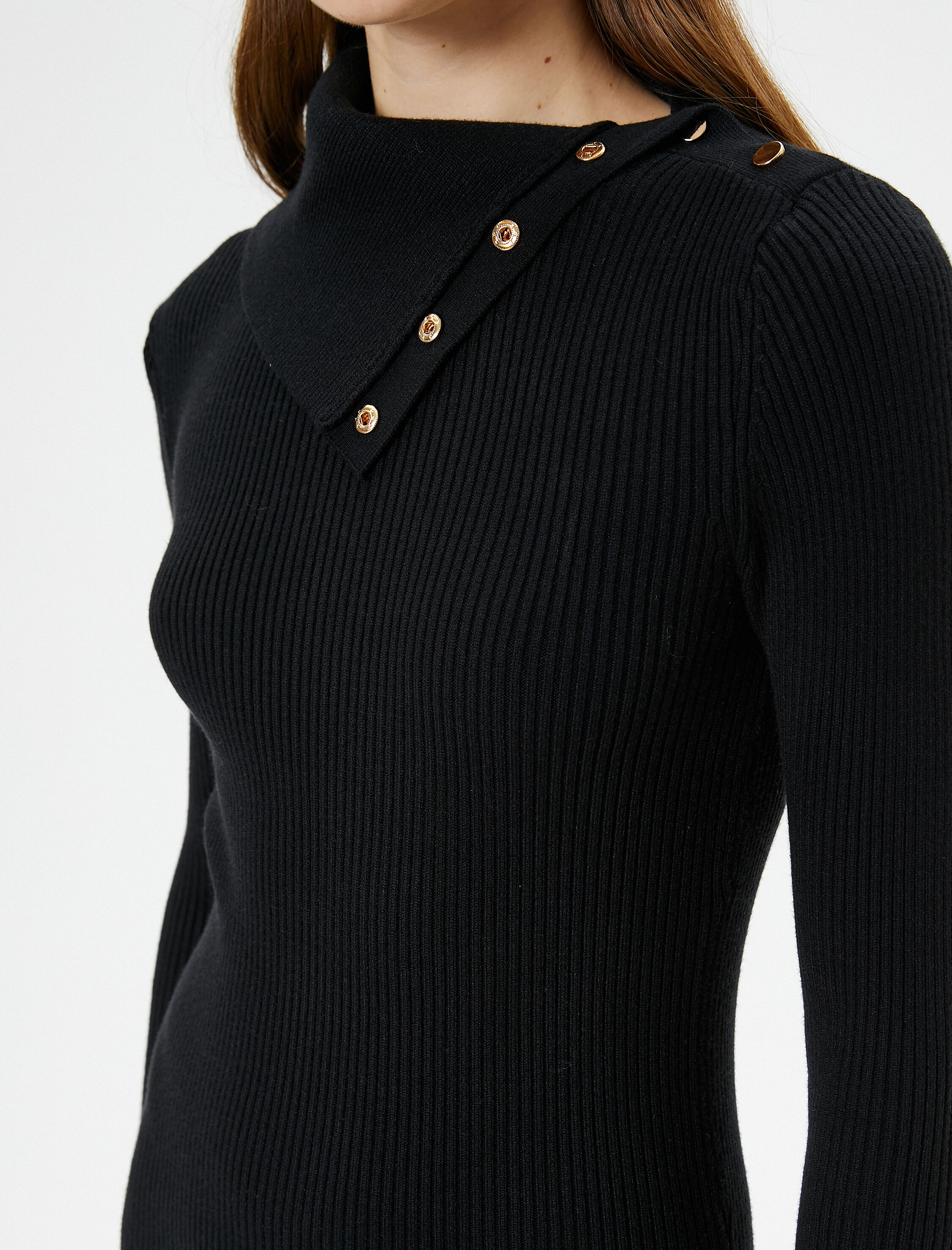   Midi Triko Elbise Fitilli Düğmeli Geniş Yaka