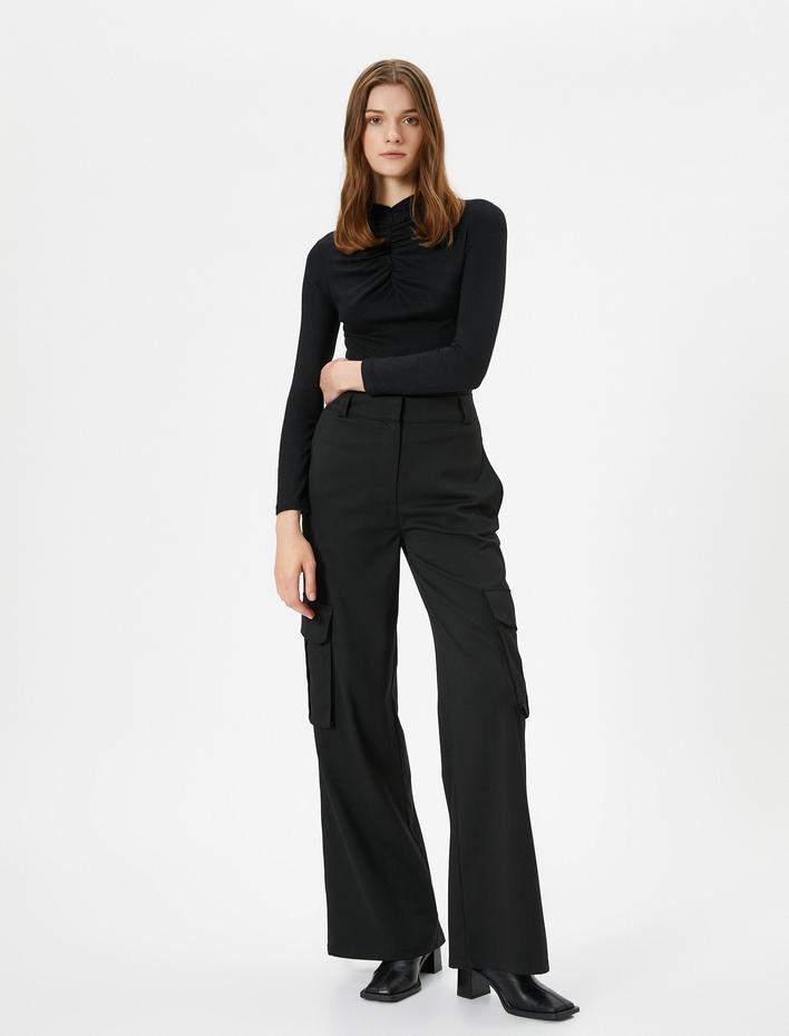  Uzun Kollu Body Drapeli Dik Yaka