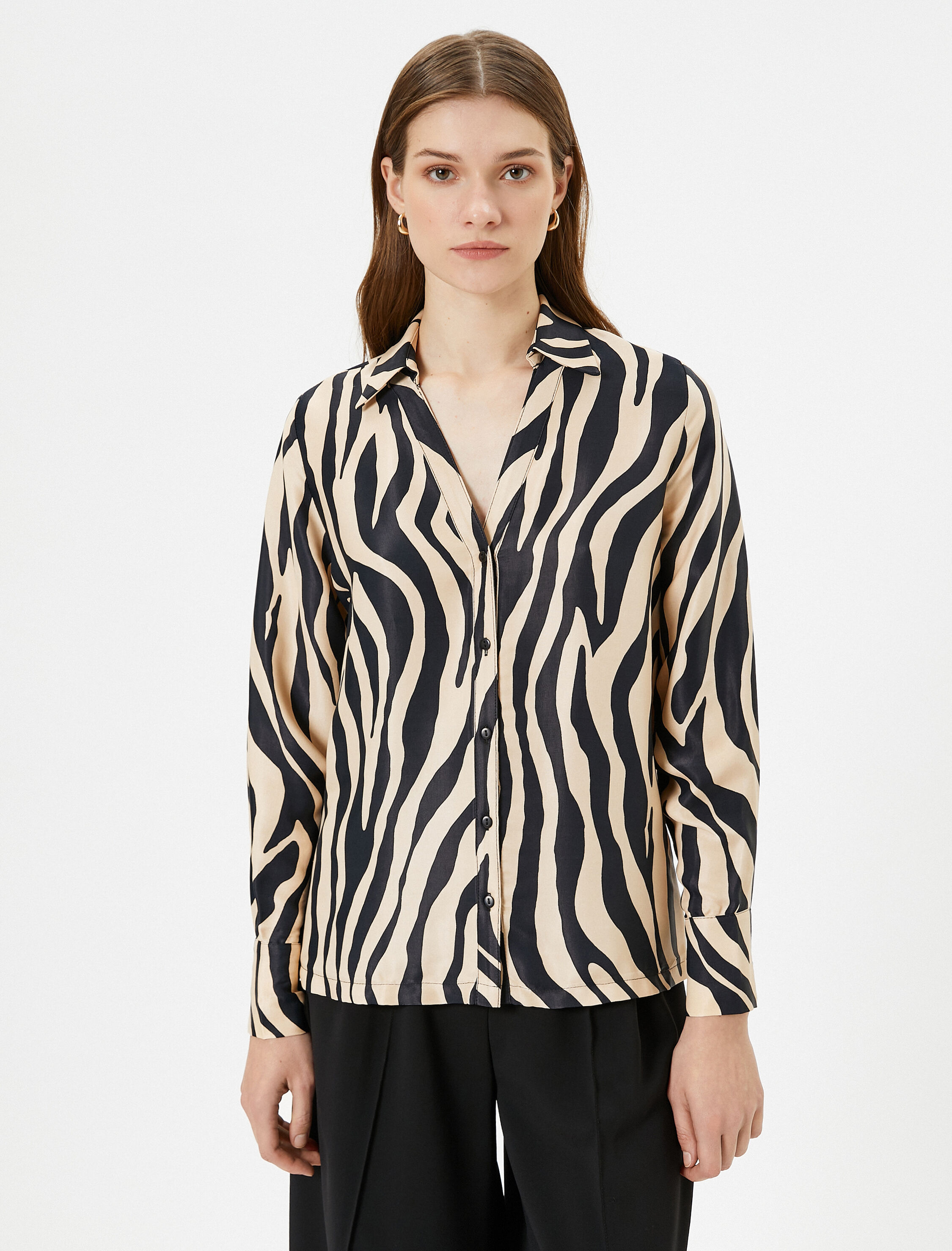   Zebra Desenli Gömlek Saten Düğmeli Klasik Yaka Regular Fit