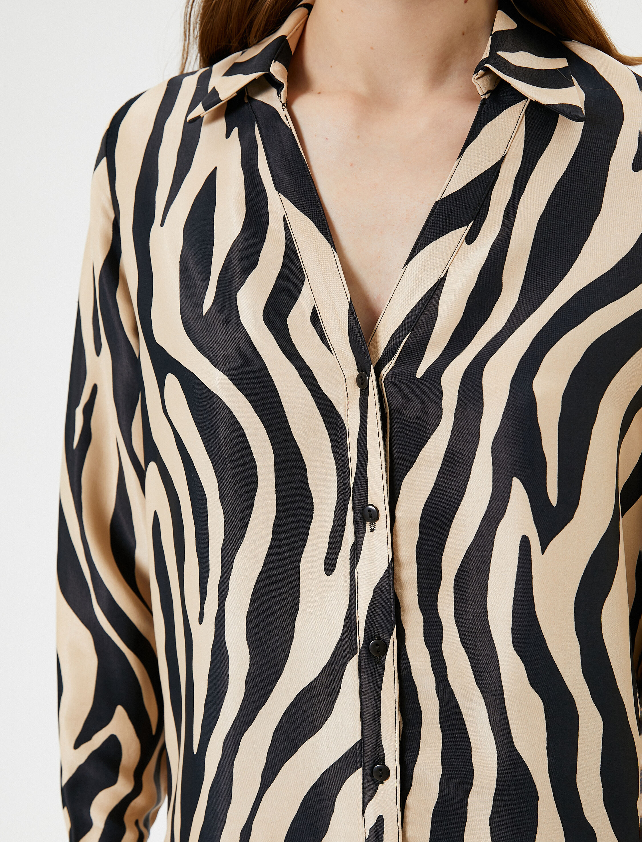   Zebra Desenli Gömlek Saten Düğmeli Klasik Yaka Regular Fit